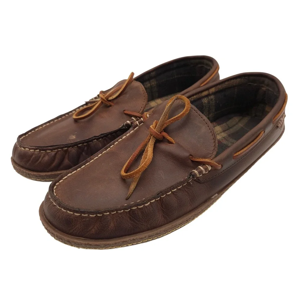 LL Bean (Men's 11 M) Leather Moccasin Slippers Brown Plaid Lined Hard Sole Shoes
